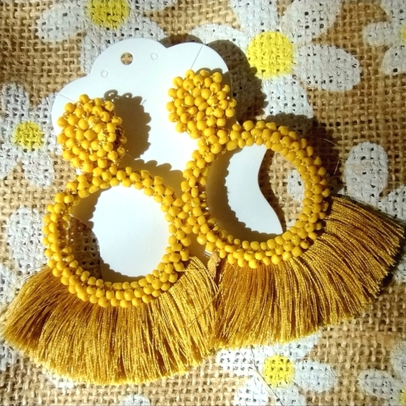 Yellow, Bead Seed, Beaded & Fringe, Circle, Hoop Earrings - Picture 1 of 9